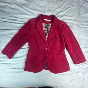 Gibson Women Burgundy Corduroy Blazer Jacket Plaid Lining Single Button Size M